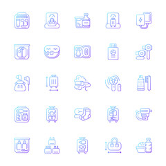Travel size objects gradient linear vector icons set. Portable stuff for flight passenger. Essential things. Thin line contour symbols bundle. Isolated vector outline illustrations collection