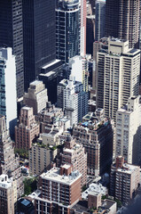 USA, NEW YORK: Aerial cityscape view of Lower Manhattan skyscrapers from World Trade Center  