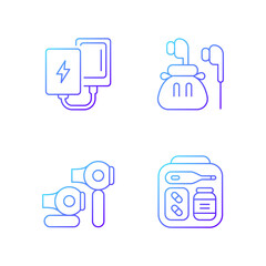 Traveller luggage gradient linear vector icons set. Compact powerbank and headphones. First aid kit. Thin line contour symbols bundle. Isolated vector outline illustrations collection