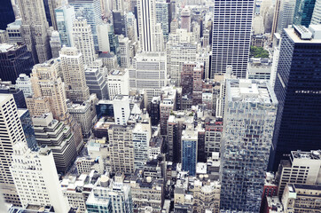 USA, NEW YORK: Aerial cityscape view of Lower Manhattan skyscrapers from Empire State Building