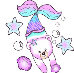 illustration mermaid bear with shells and starfish.
