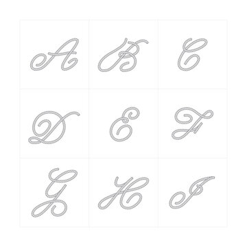 Vector alphabet characters composed of rope. Characters A to J. Isolated on white background.