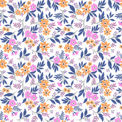Beautiful floral pattern in small abstract flowers. Small colorful flowers. White background. Ditsies print. Floral seamless background. The elegant the template for fashion prints. Stock pattern.