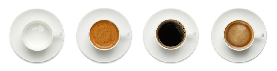 Set with cups of hot aromatic coffee on white background, top view. Banner design