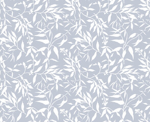 Seamless trendy floral pattern. Beautiful white leaves on gray background. Leaves outline in tropical style. Stock vector for prints on surface.