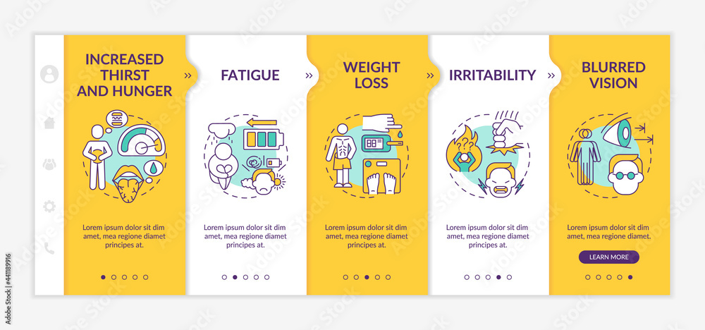 Wall mural diabetes symptoms onboarding vector template. responsive mobile website with icons. web page walkthr