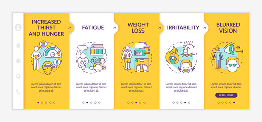Diabetes symptoms onboarding vector template. Responsive mobile website with icons. Web page walkthrough 5 step screens. Increased thirst and hunger color concept with linear illustrations