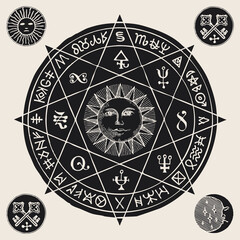 Hand-drawn banner, mascot or amulet with the Sun inside octagonal star and esoteric symbols. Monochrome vector illustration in the form of a circle with magic signs and runes in beige and black colors