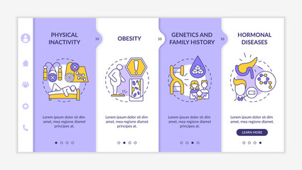 Diabetes causes onboarding vector template. Responsive mobile website with icons. Web page walkthrough 4 step screens. Everyday physical inactivity color concept with linear illustrations