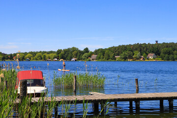 View to Krakow Lake (Krakower See) with the observation tower in Background, Mecklenburg Western...