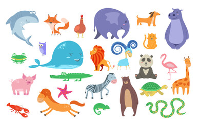 Obraz premium Set of Cute cartoon wild and farm domestic animals and birds isolated on white transparent background. Vector flat design children illustration. Side view. Farm domestic animals drawings. Side view
