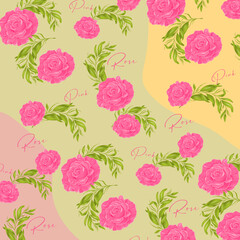 seamless pattern with pink roses and leaves.   Roses on  green, pink background