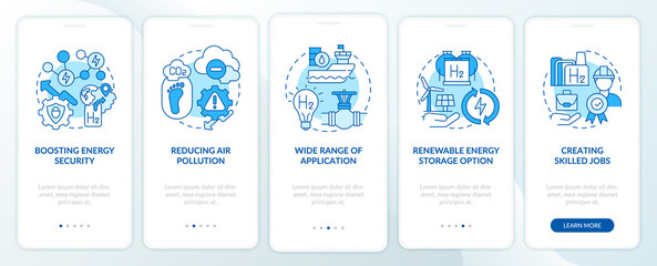 Fototapeta na wymiar H2 technologies benefits onboarding mobile app page screen. Reduce air pollution walkthrough 5 steps graphic instructions with concepts. UI, UX, GUI vector template with linear color illustrations
