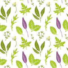 Fototapeta na wymiar Seamless pattern with bay leaves, arugula, mint, parsley, thyme, sage. Colorful paper cut culinary herbs isolated on white background. Doodle hand drawn vector illustration