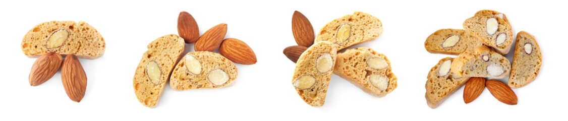 Set with different tasty cantucci on white background, top view. Traditional Italian almond biscuits