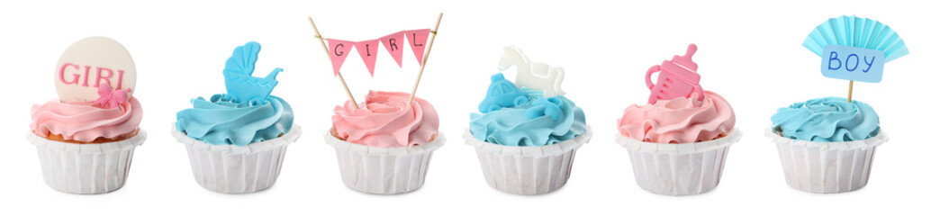 Set of decorated baby shower cupcakes with blue and pink cream on white background. Banner design