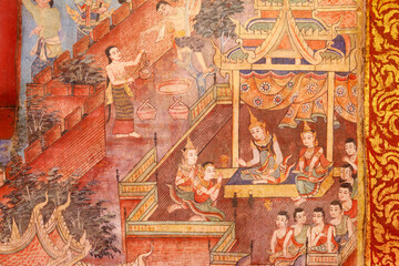 Fototapeta premium Wall Ancient painting of buddhist temple mural at Wat Phra sing, a famous temple in chiangmai province, Thailand. The temple is open to the public and has beautiful murals on the walls.