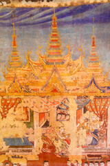 Wall Ancient painting of buddhist temple mural at Wat Phra sing, a famous temple in chiangmai province, Thailand. The temple is open to the public and has beautiful murals on the walls. © Nattawat