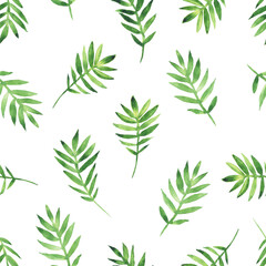 Seamless pattern of green leaves isolated on white background. Hand drawing foliage illustration for print, wrapping, textile.
