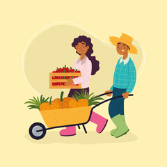 farmers carry apples and pumpkins