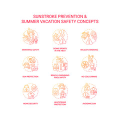 Fototapeta na wymiar Sunstroke prevention concept icons set. Summer vacation safety idea thin line color illustrations. Home security. Avoiding sunlight. Beach and swimming pool safety. Vector isolated outline drawings
