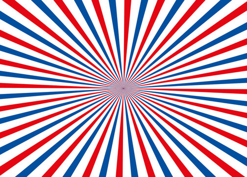 Blue white and red american or french background. Vector sunburst wallpaper.
