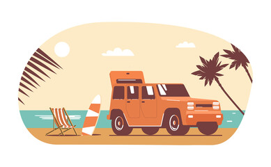 SUV car with luggage on background of abstract tropical landscape. Vector flat style illustration.