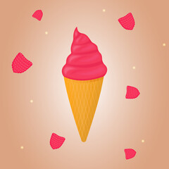 Delicious raspberry pink ice cream in a waffle cone. Summer food for cooling. Appetizing volumetric illustration