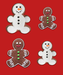 Seamless pattern. Christmas concept. Gingerbread snowman cookies with shadow on red backround