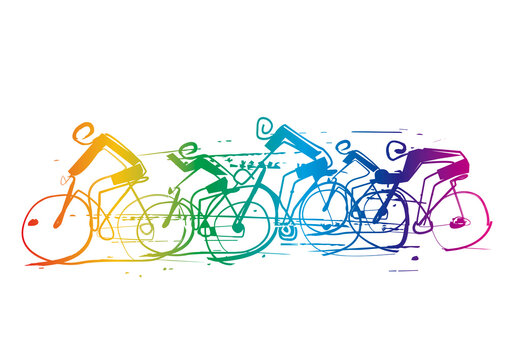 

Cycling race, line art stylized cartoon.
 Expressive colorful simple illustration of group road cyclists. Rainbow colored. Vector available