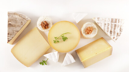 assorted of various cheese on white background