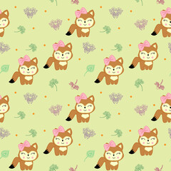 Seamless pattern with cute chanterelle and bright dragonfly, bee and green leaves