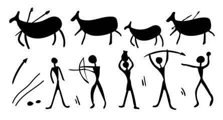 A set of cave paintings depicting people and animals. Vector illustration.