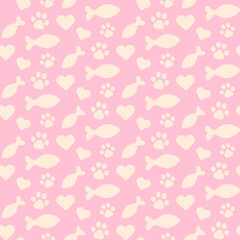 Pet flat symbols of fish, heart, paw, shapes on pink background seamless square pattern. Cat style color vector theme template. Design element on the subject of kitten, pets, cats and feline.