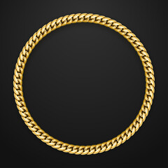 Vector realistic gold chain on black background. Space for text. Round gold jewelry frame.