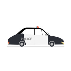 Flat police car vector illustration. Cartoon hand drawn policeman's transportation isolated on white background. Cute black and white urban vehicle with siren. Patrol automobile side view design