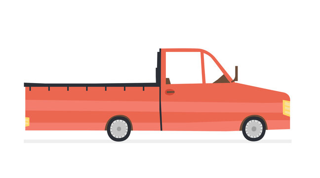 Cartoon pickup truck isolated on white background. Flat style modern transportation, trendy wheeled motor vehicle side view vector illustration. Red retro car, old automobile hand drawn design