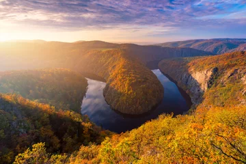 Gordijnen Tsjechië Beautiful Vyhlidka Maj, Lookout Maj, near Teletin, Czech Republic. Meander of the river Vltava surrounded by colorful autumn forest viewed from above. Tourist attraction in Czech landscape. Czechia.  © daliu