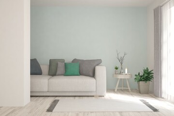 White living room with sofa. Scandinavian interior design. 3D illustration