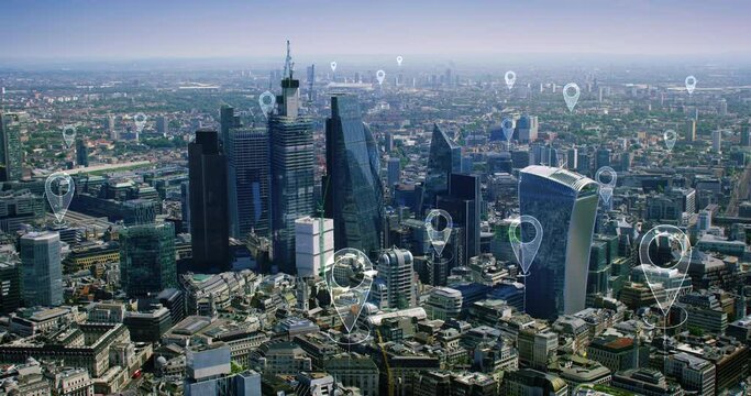 Aerial futuristic view of London skyline. Localization icons in a connected city. Technology concept, data communication, artificial intelligence, internet of things, smart city. England.