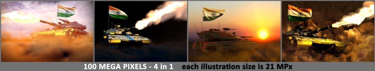Fototapeta na wymiar India army concept - 4 very high resolution illustrations of modern tank with design that not exists with India flag, military 3D Illustration