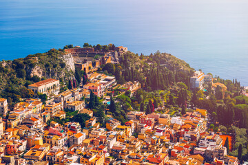 Ruins of Ancient Greek theater in Taormina, Sicily, Italy. Taormina located in Metropolitan City of Messina, on east coast of island of Sicily.