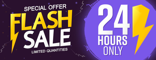 Flash Sale, 24 hours only, poster design template. Discount banner,  special offer, vector illustration