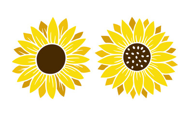 Sunflower simple icon. Flower silhouette vector illustration. Sunflower graphic logo, hand drawn icon for packaging, decor. Petals frame, black silhouette isolated on white background