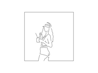 Woman with a drink line drawing, vector illustration design. Summer collection.