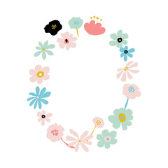 Fototapeta na wymiar Abstract flower frame in pastel colors. Summer simple floral design wreath. Vector illustration isolatd on white background. Doodle flower card template. Trendy composition