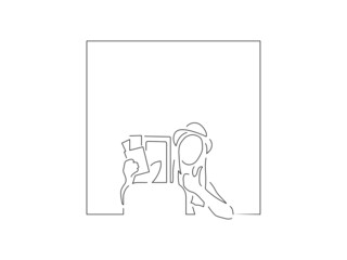 Woman with a suitcase line drawing, vector illustration design. Summer collection.