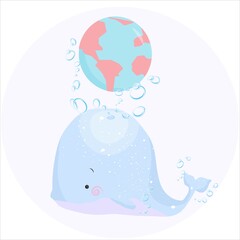 Cute whale with globe drawn vector illustration. Can be used for baby t-shirt print, fashion print design, kids wear, baby shower celebration greeting and invitation card.