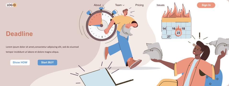 Deadline burning web concept. Working stress and panic in office, time management scene. Banner template with flat line characters design. Vector illustration for social media promotional materials