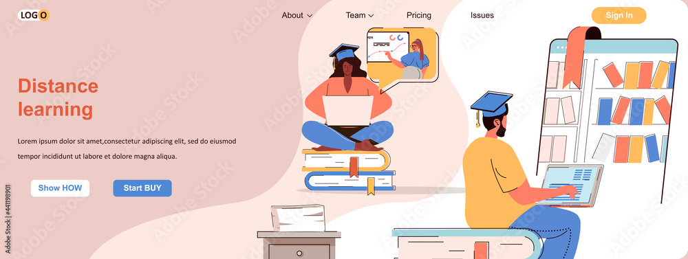 Aufkleber distance learning web concept. students studying in online courses, e-learning scene. banner templat